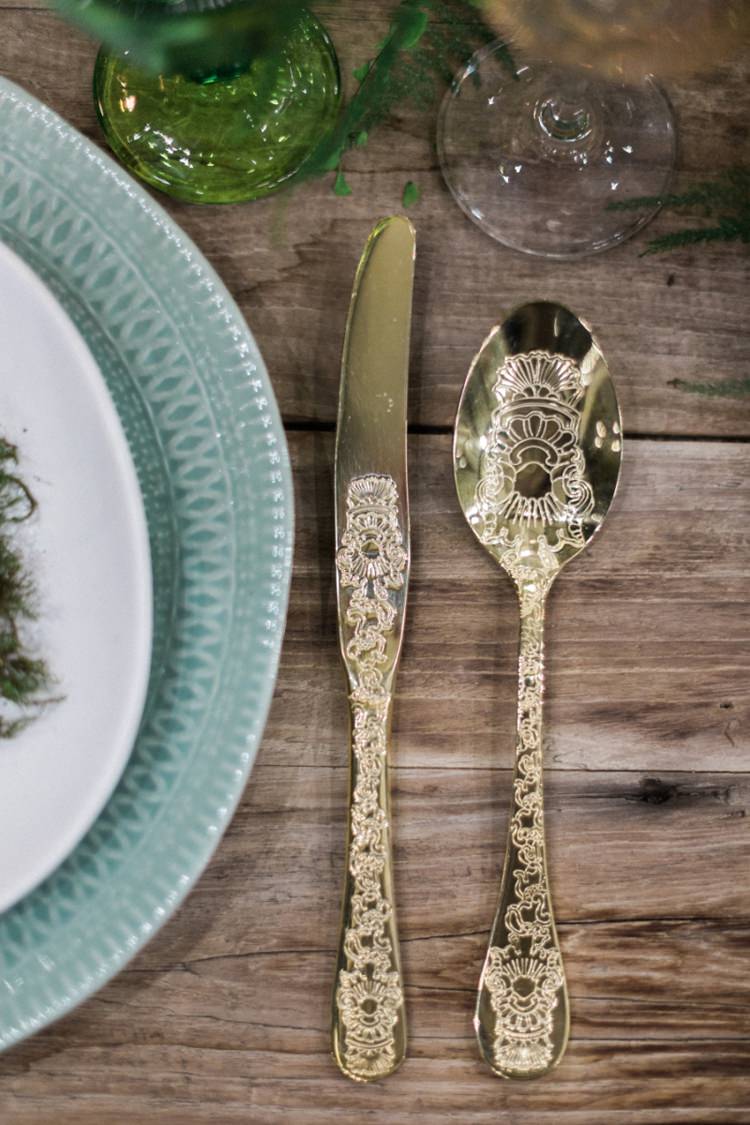 Gold Cutlery Green Plates Glasses Wood Rustic Ferns Foliage Simple Natural Moss | Greenery Botanical Wedding Ideas https://lisadigiglio.com/