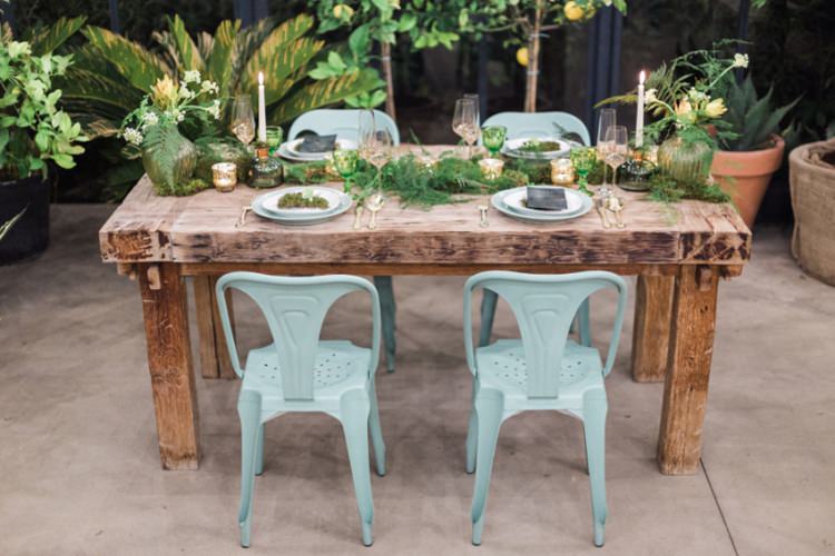 Conservatory Wood Table Moss Gold Ferns Foliage Simple Natural White | Greenery Botanical Wedding Ideas https://lisadigiglio.com/