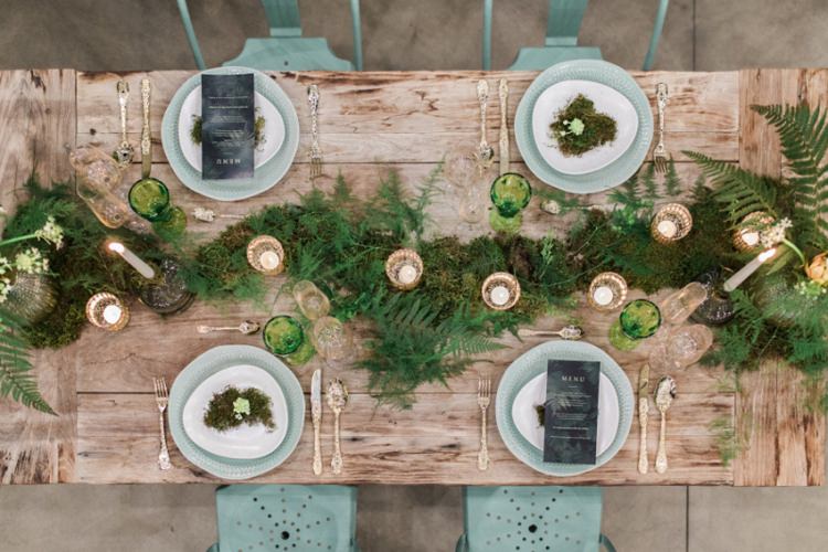 Conservatory Wood Table Moss Gold Ferns Foliage Simple Natural White | Greenery Botanical Wedding Ideas https://lisadigiglio.com/
