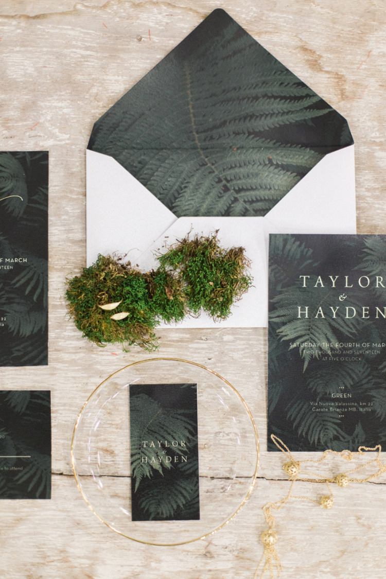Dark Stationery White Envelope Liner Ferns Foliage Simple Natural Moss Modern | Greenery Botanical Wedding Ideas https://lisadigiglio.com/