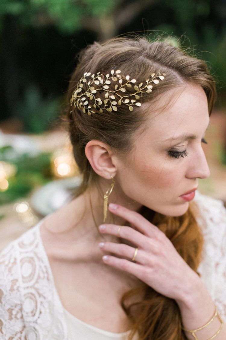 Bride Lace Dress Boho Fine Art Simple Natural Gold Handmade Jewelry Headpiece | Greenery Botanical Wedding Ideas https://lisadigiglio.com/