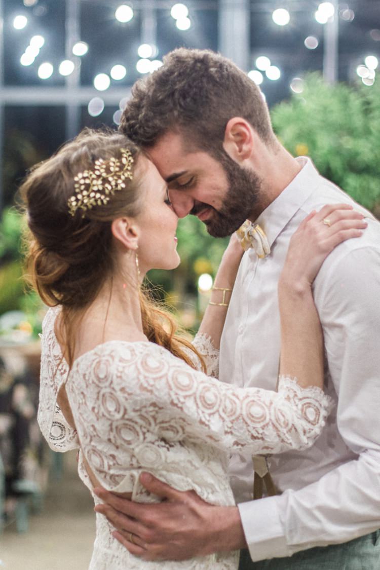 Gold Headpiece Bride Long Hair First Dance Lights Conservatory Italy Bow Tie | Greenery Botanical Wedding Ideas https://lisadigiglio.com/