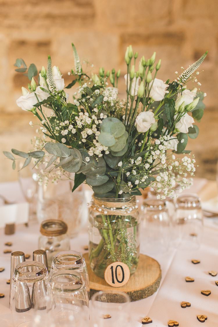 Jar Flowers Centrepiece Table Log Greenery Foliage Rustic Outdoor Summer Wedding Pet Pug http://kirstymackenziephotography.co.uk/
