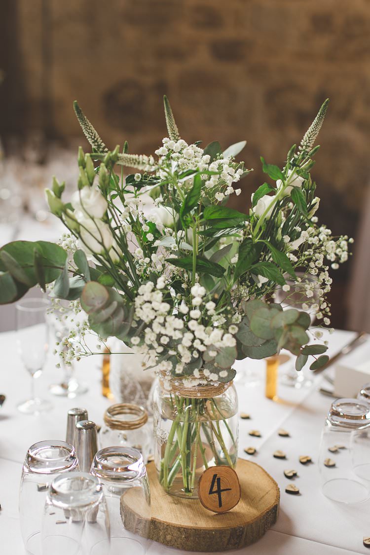 Jar Flowers Centrepiece Table Log Greenery Foliage Rustic Outdoor Summer Wedding Pet Pug http://kirstymackenziephotography.co.uk/