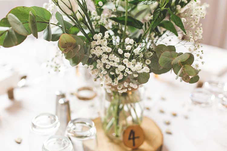 Jar Flowers Centrepiece Table Log Greenery Foliage Rustic Outdoor Summer Wedding Pet Pug http://kirstymackenziephotography.co.uk/