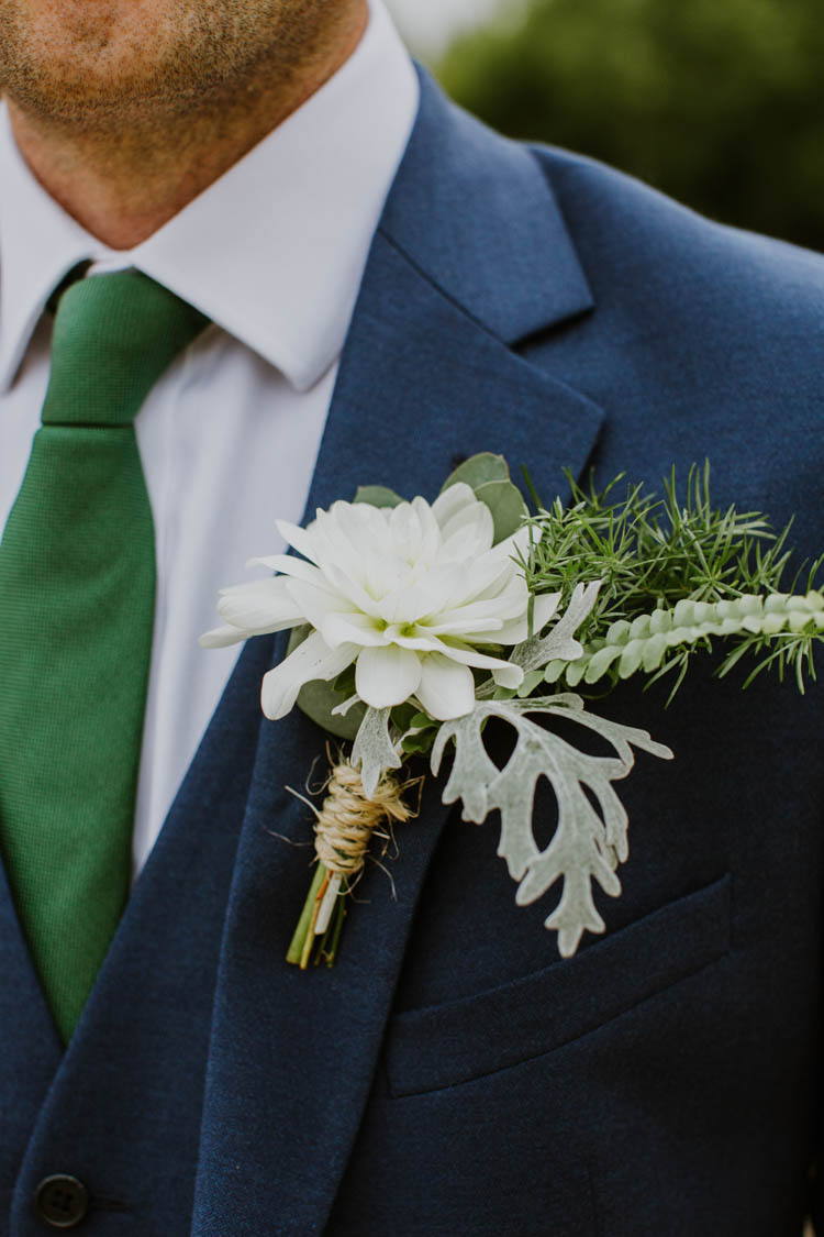 White Dahlia Greenery Buttonhole Groom Unconventional Country Cotswolds Barn Wedding http://www.alexandrajane.co.uk/