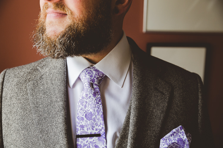 Purple Floral Tie Pocket Square Groom Brightly Coloured Mismatched Marquee Wedding http://www.nicolacasey.photography/