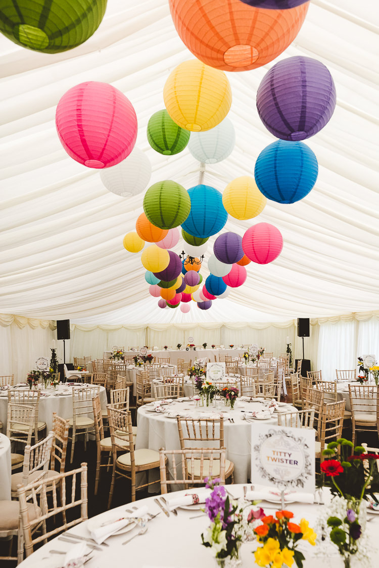 Rainbow Lanterns Decor Decoration Brightly Coloured Mismatched Marquee Wedding http://www.nicolacasey.photography/