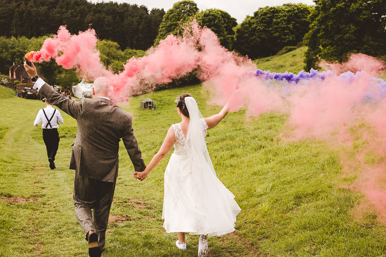Smoke Bombs Bride Groom Brightly Coloured Mismatched Marquee Wedding http://www.nicolacasey.photography/