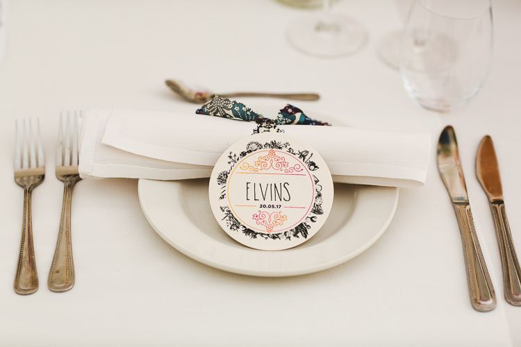 Place Setting Name Stationery Brightly Coloured Mismatched Marquee Wedding http://www.nicolacasey.photography/