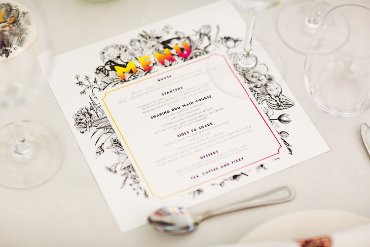 Menu Stationery Brightly Coloured Mismatched Marquee Wedding http://www.nicolacasey.photography/