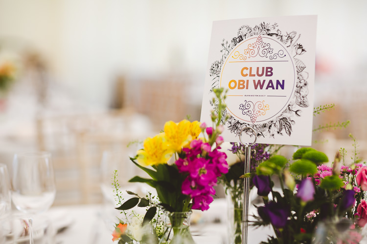 Star Wars Table Names Brightly Coloured Mismatched Marquee Wedding http://www.nicolacasey.photography/
