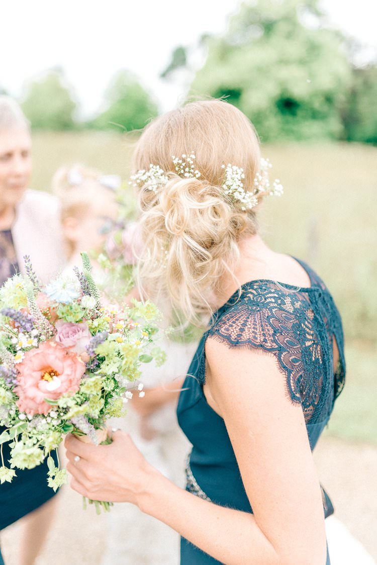 Bridesmaid Hair Flowers Style Up Do Rustic Summer Country DIY Barn Wedding http://sarahjaneethan.co.uk/