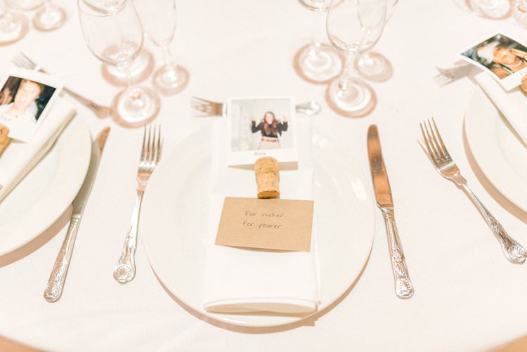 Cork Polariod Place Name Setting Rustic Summer Country DIY Barn Wedding http://sarahjaneethan.co.uk/