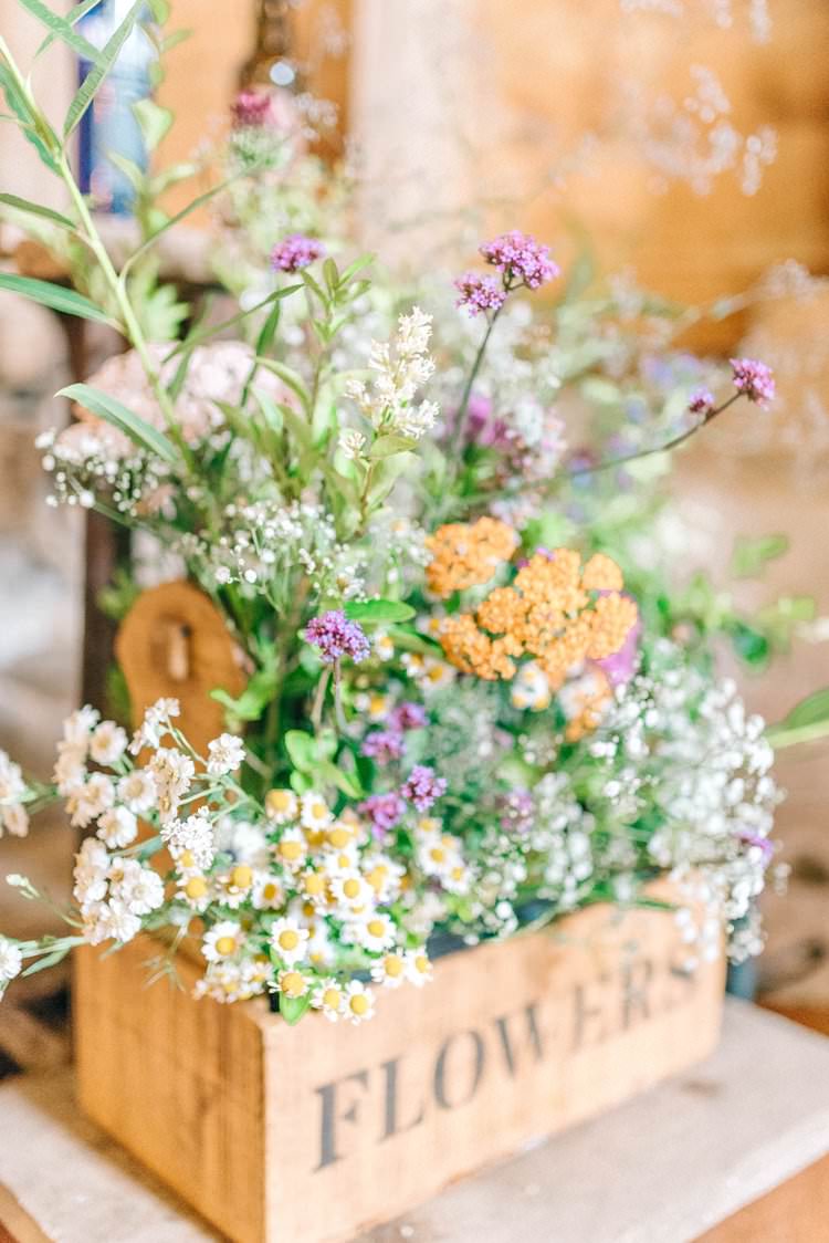 Wooden Box Flowers Pretty Wild Rustic Summer Country DIY Barn Wedding http://sarahjaneethan.co.uk/