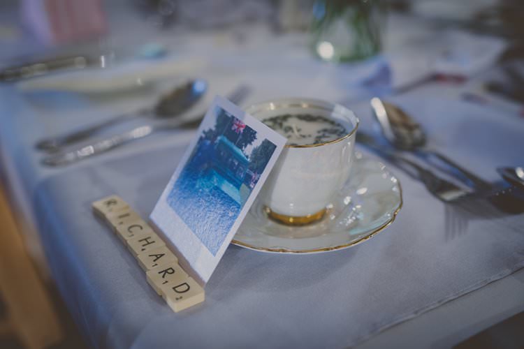 Tea Cup Candle Favours Scrabble Tile Place Names Quirky Afternoon Tea Wedding http://laurarhianphotography.co.uk/
