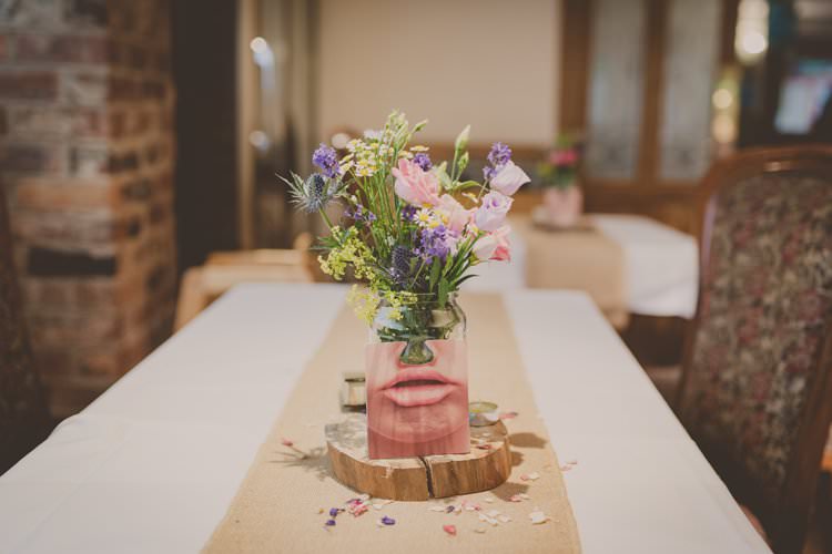 Centrepiece Decor Table Jar Flowers Log Slice Hessian Burlap Quirky Afternoon Tea Wedding http://laurarhianphotography.co.uk/
