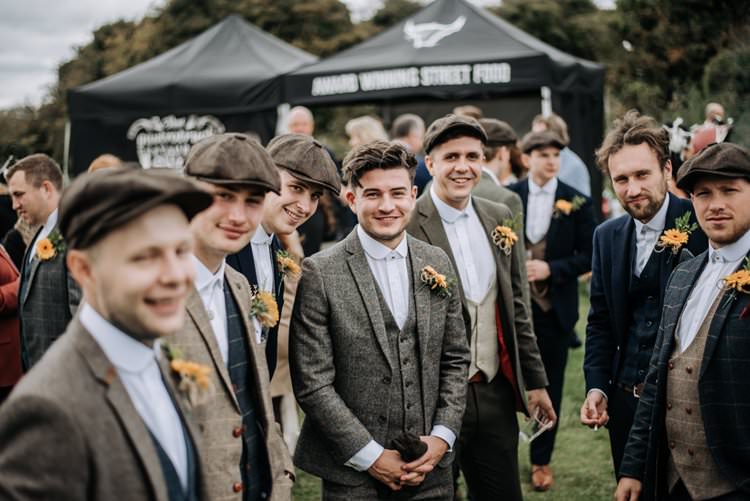 Groom Groomsmen Suits Tweed Flat Caps No Ties Shirts Rustic Peaky Blinders Vineyard Wedding Yorkshire https://www.kazooieloki.co.uk/