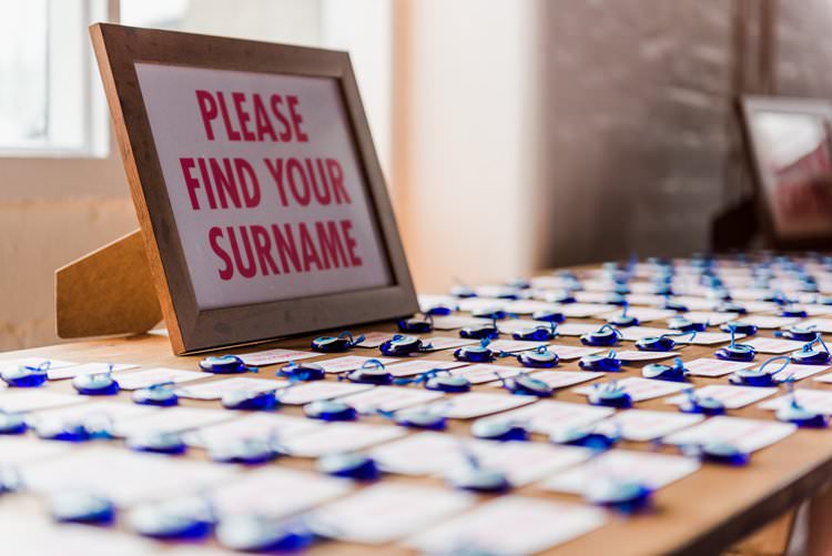 Table Plan Escort Card Greek Evil Eye Bright Very Colourful Quirky Fun City Wedding London http://www.babbphoto.com/