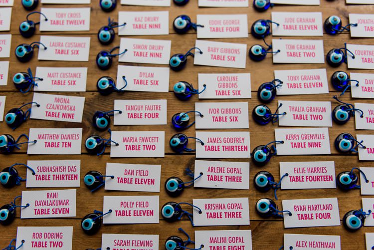 Seating Table Plan Evil Eye Charm Escort Card Bright Very Colourful Quirky Fun City Wedding London http://www.babbphoto.com/