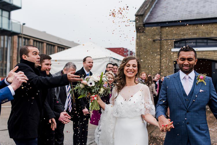 Sassi Holford Gown Dress Bride Bridal Cape Reiss Groom Three Piece Waistcoat Confett Shot Bright Very Colourful Quirky Fun City Wedding London http://www.babbphoto.com/