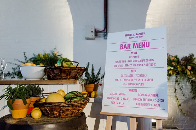 Bar Menu Fruit Terracotta Display Basket Easel Bright Very Colourful Quirky Fun City Wedding London http://www.babbphoto.com/