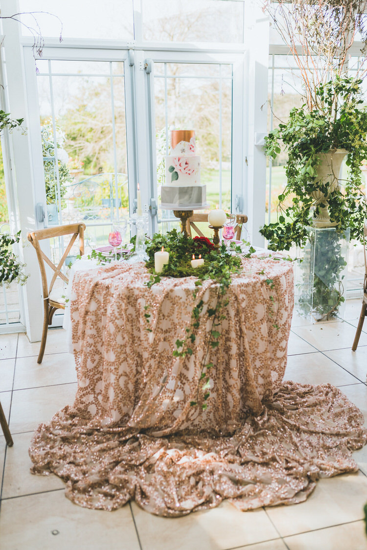 Cake Table Rose Gold Sequins Copper Flowers Natural Soft Outdoors In Wedding Ideas https://www.lewisfackrell.co.uk/