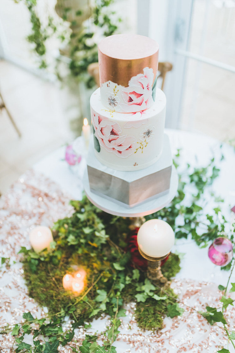 Rose Gold Copper Floral Cake Metallic Natural Soft Outdoors In Wedding Ideas https://www.lewisfackrell.co.uk/