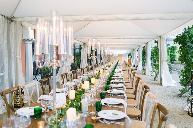 Tables Decor Decoration Tablescape Greenery Foliage Garland Swag Centrepiece Candles Long Romantic Scenic Tuscany Destination Wedding http://ilariapetrucci.co.uk/