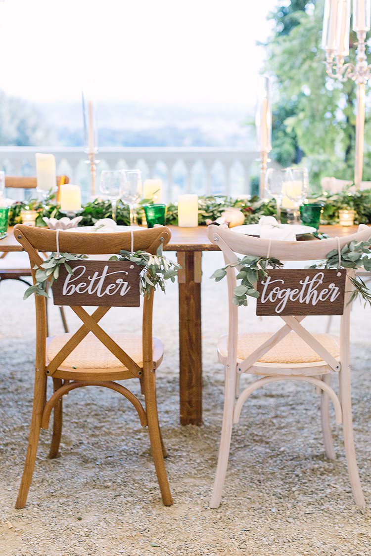 Wooden Chairs Signs Bride Groom Better Together Romantic Scenic Tuscany Destination Wedding http://ilariapetrucci.co.uk/ 