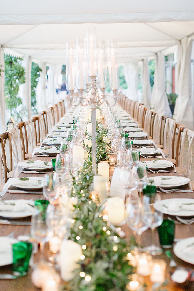 Tables Decor Decoration Tablescape Greenery Foliage Garland Swag Centrepiece Candles Long Romantic Scenic Tuscany Destination Wedding http://ilariapetrucci.co.uk/