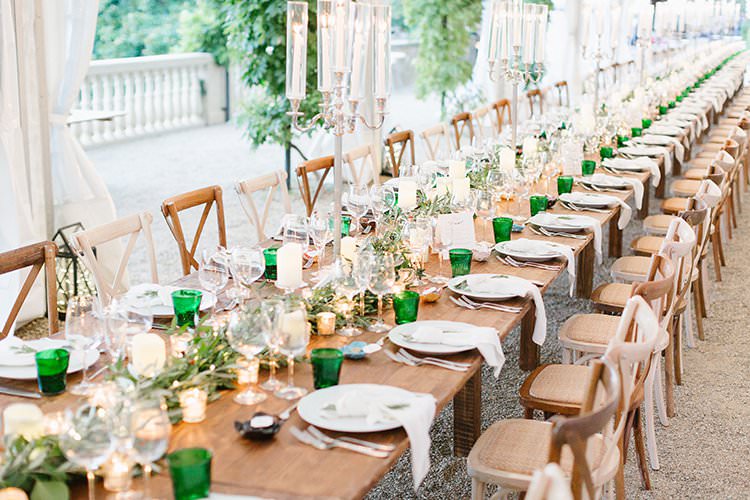 Tables Decor Decoration Tablescape Greenery Foliage Garland Swag Centrepiece Candles Long Romantic Scenic Tuscany Destination Wedding http://ilariapetrucci.co.uk/ 