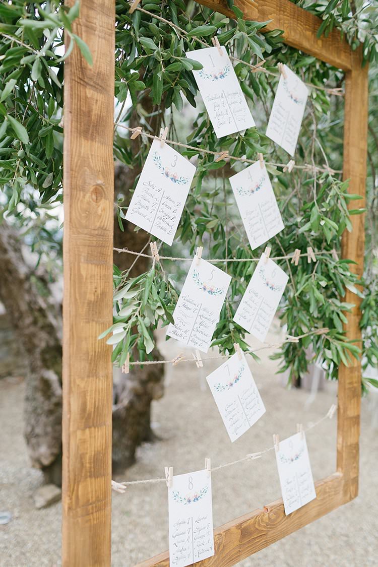 Seating Plan Table Chart Wooden Frame Pegs Twine Romantic Scenic Tuscany Destination Wedding http://ilariapetrucci.co.uk/