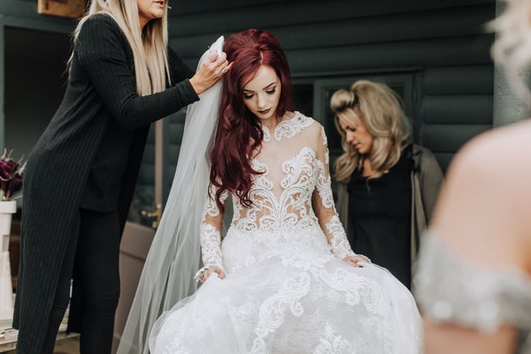 Red Hair Bride Bridal Veil Beaded Couture Julia Kontogruni Illusion Lace Sleeves Dess Gown Ethereal Opulent Woodland Inspired Wedding http://jaynelindsay.com/