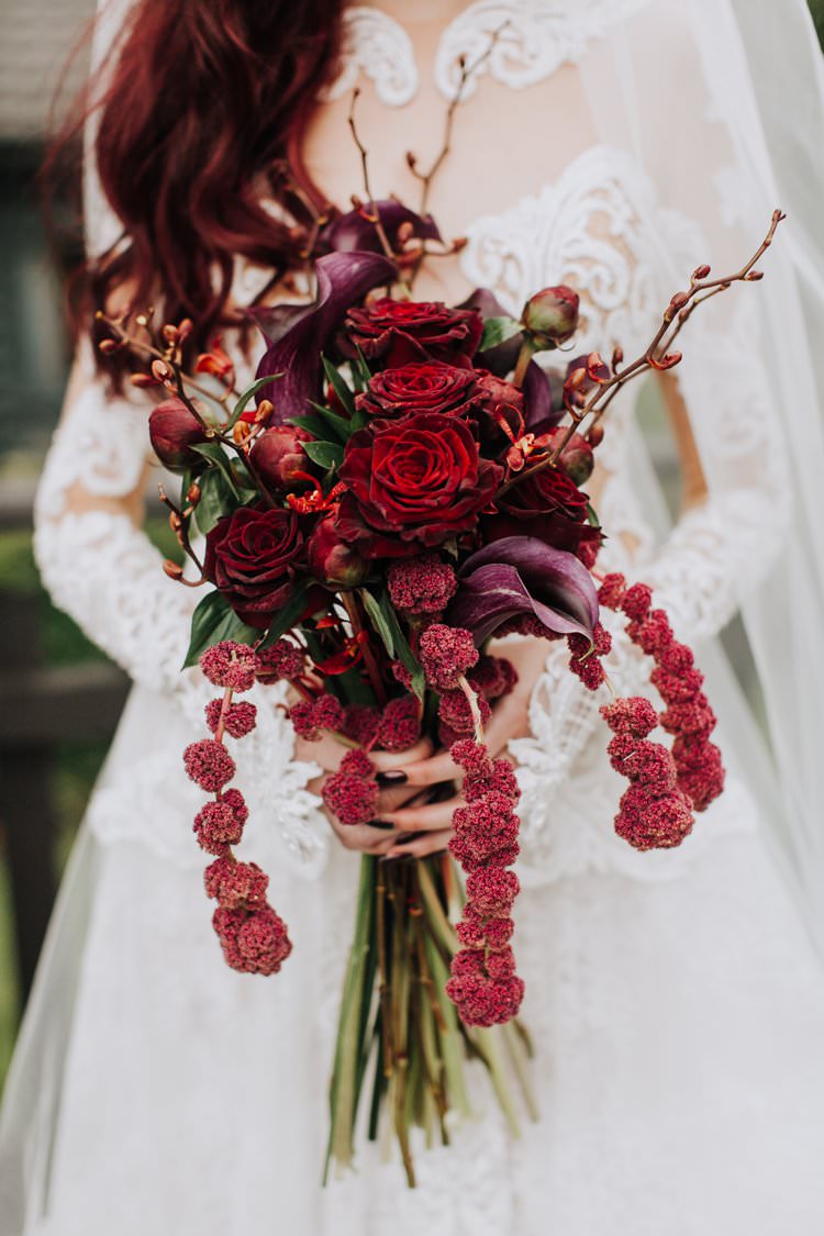 Red Plum Burgundy Flowers Bouquet Bride Bridal Rose Lily Ethereal Opulent Woodland Inspired Wedding http://jaynelindsay.com/
