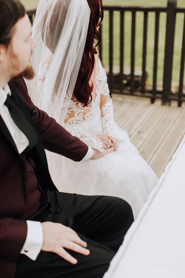 Red Hair Bride Bridal Veil Beaded Couture Julia Kontogruni Illusion Lace Sleeves Dess Gown Ethereal Opulent Woodland Inspired Wedding http://jaynelindsay.com/