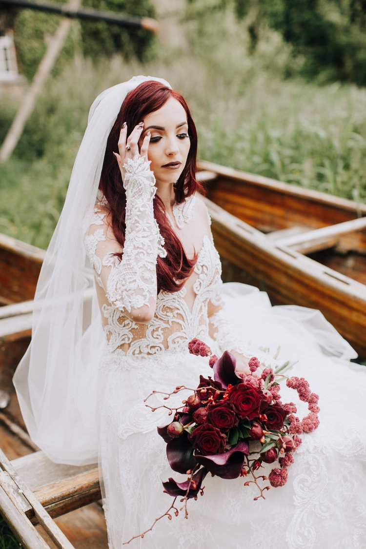 Red Hair Bride Bridal Veil Beaded Couture Julia Kontogruni Illusion Lace Sleeves Dess Gown Ethereal Opulent Woodland Inspired Wedding http://jaynelindsay.com/