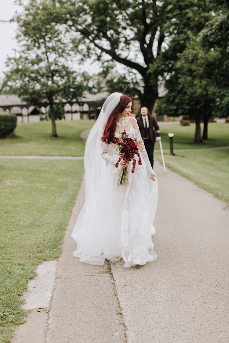Red Hair Bride Bridal Veil Beaded Couture Julia Kontogruni Illusion Lace Sleeves Dess Gown Ethereal Opulent Woodland Inspired Wedding http://jaynelindsay.com/
