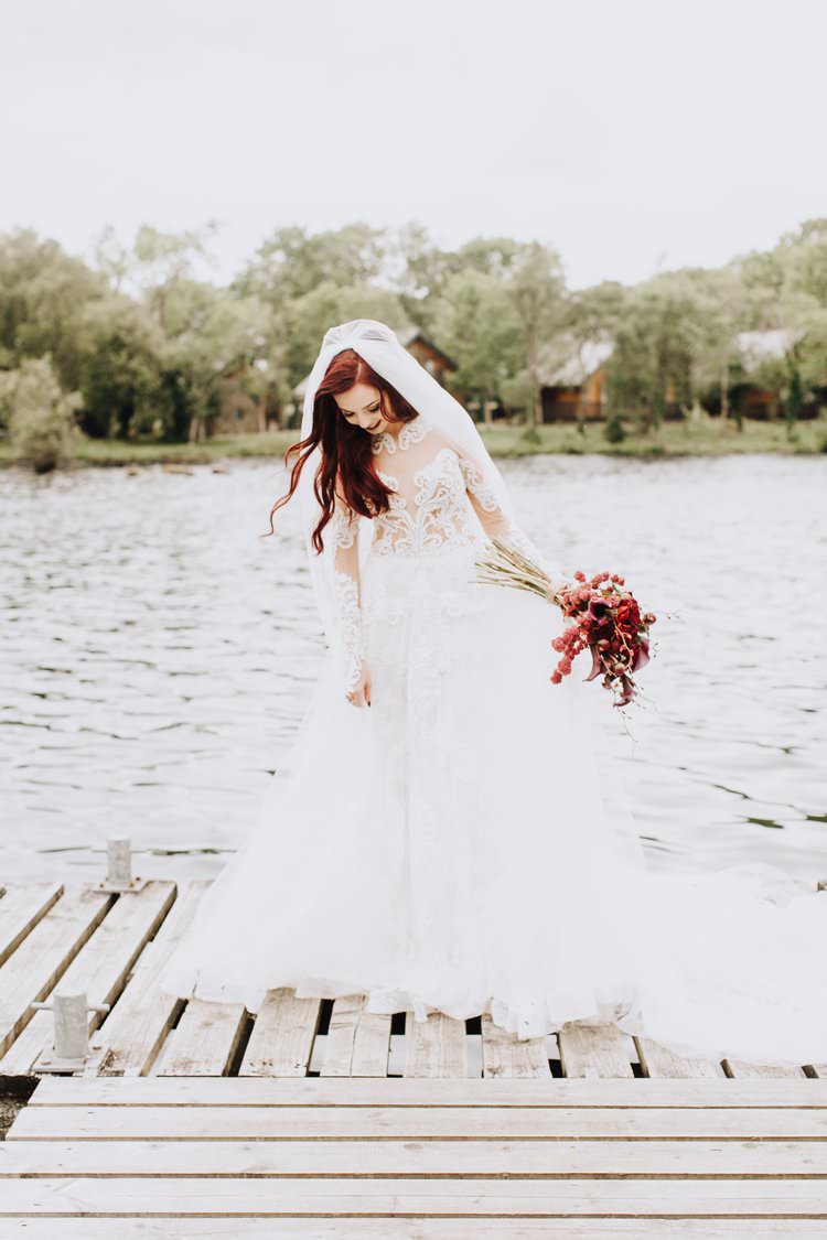 Red Hair Bride Bridal Veil Beaded Couture Julia Kontogruni Illusion Lace Sleeves Dess Gown Ethereal Opulent Woodland Inspired Wedding http://jaynelindsay.com/