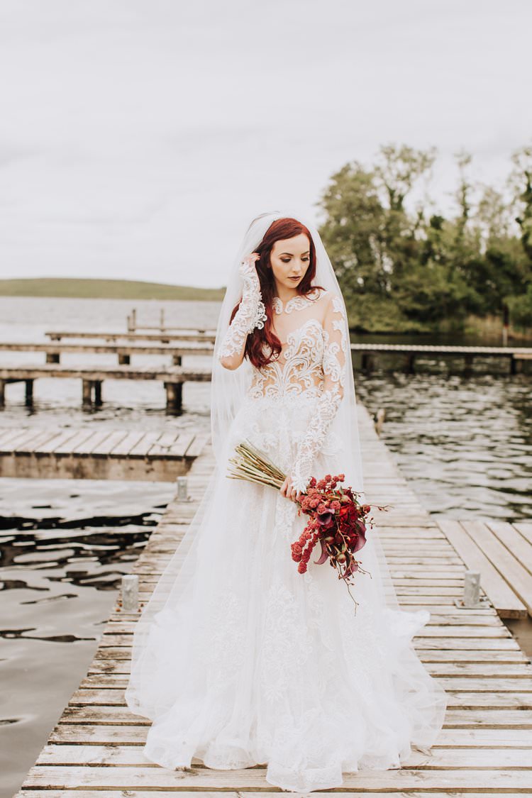 Red Hair Bride Bridal Veil Beaded Couture Julia Kontogruni Illusion Lace Sleeves Dess Gown Ethereal Opulent Woodland Inspired Wedding http://jaynelindsay.com/