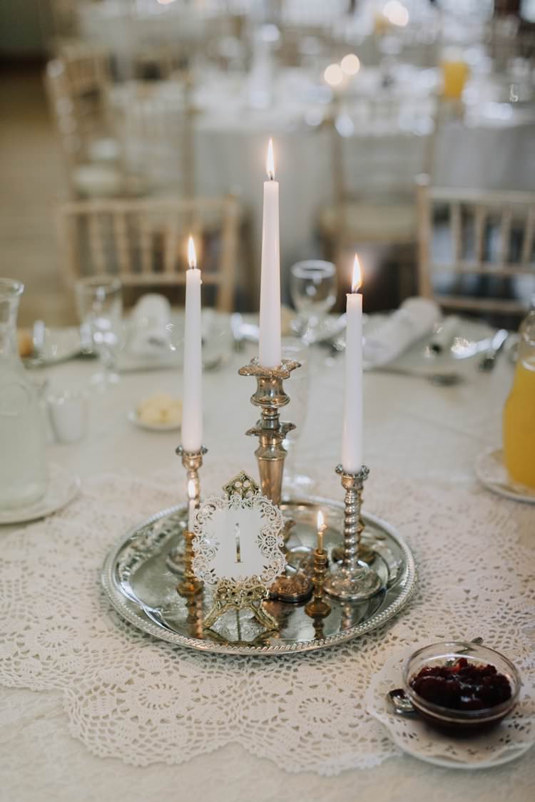 Candles Silver Centrepiece Decor Table Name Lace Ethereal Opulent Woodland Inspired Wedding http://jaynelindsay.com/