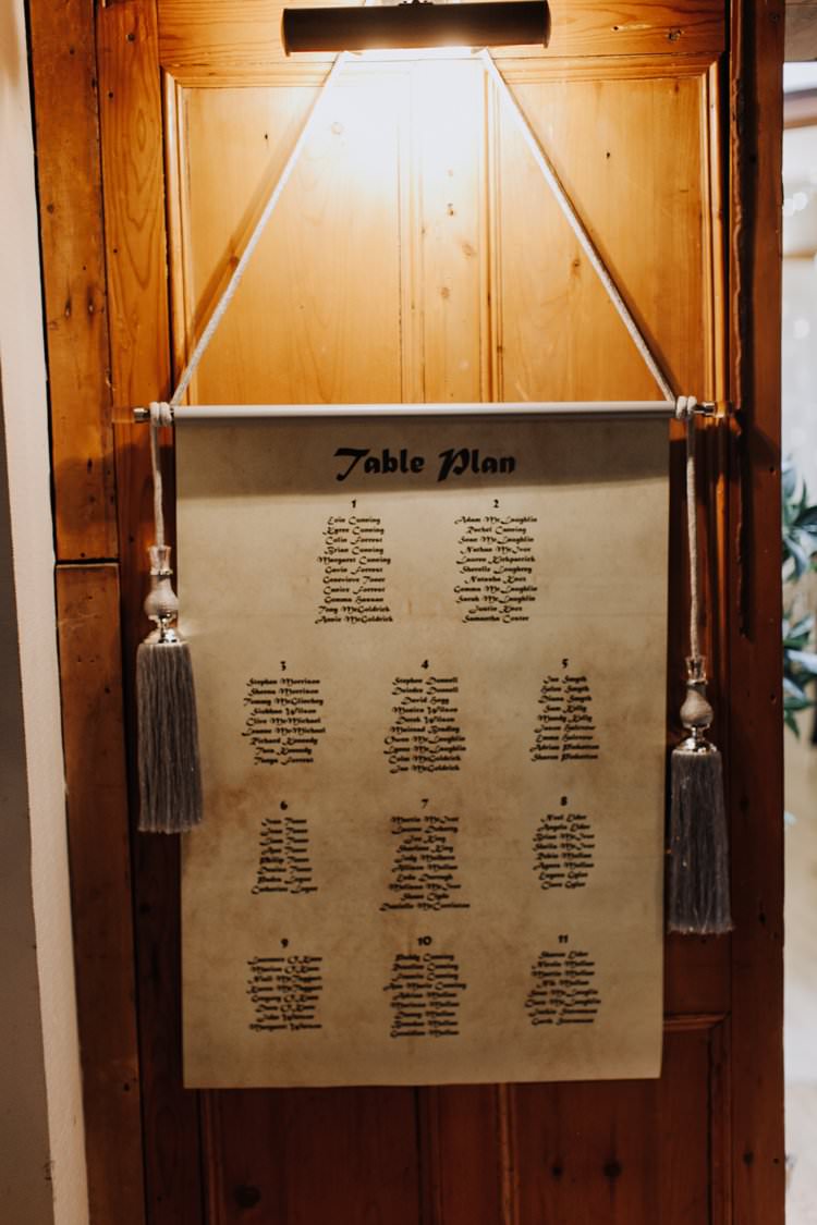 Scroll Table Plan Seating Chart Calligraphy Ethereal Opulent Woodland Inspired Wedding http://jaynelindsay.com/