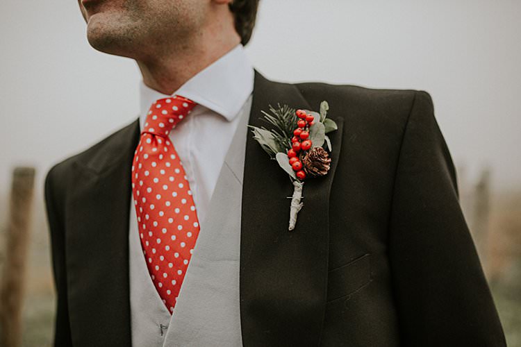Greenery Berry Buttonhole Groom Traditional Christmas Wedding Red Festive https://lolarosephotography.com/