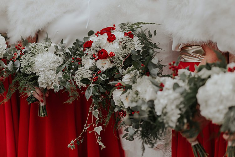 Greenery White Foliage Bouquets Flowers Bridesmaids Traditional Christmas Wedding Red Festive https://lolarosephotography.com/