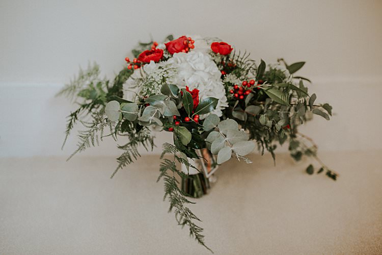 Bouquet Flowers Bride Bridal Red White Greenery Foliage Traditional Christmas Wedding Red Festive https://lolarosephotography.com/