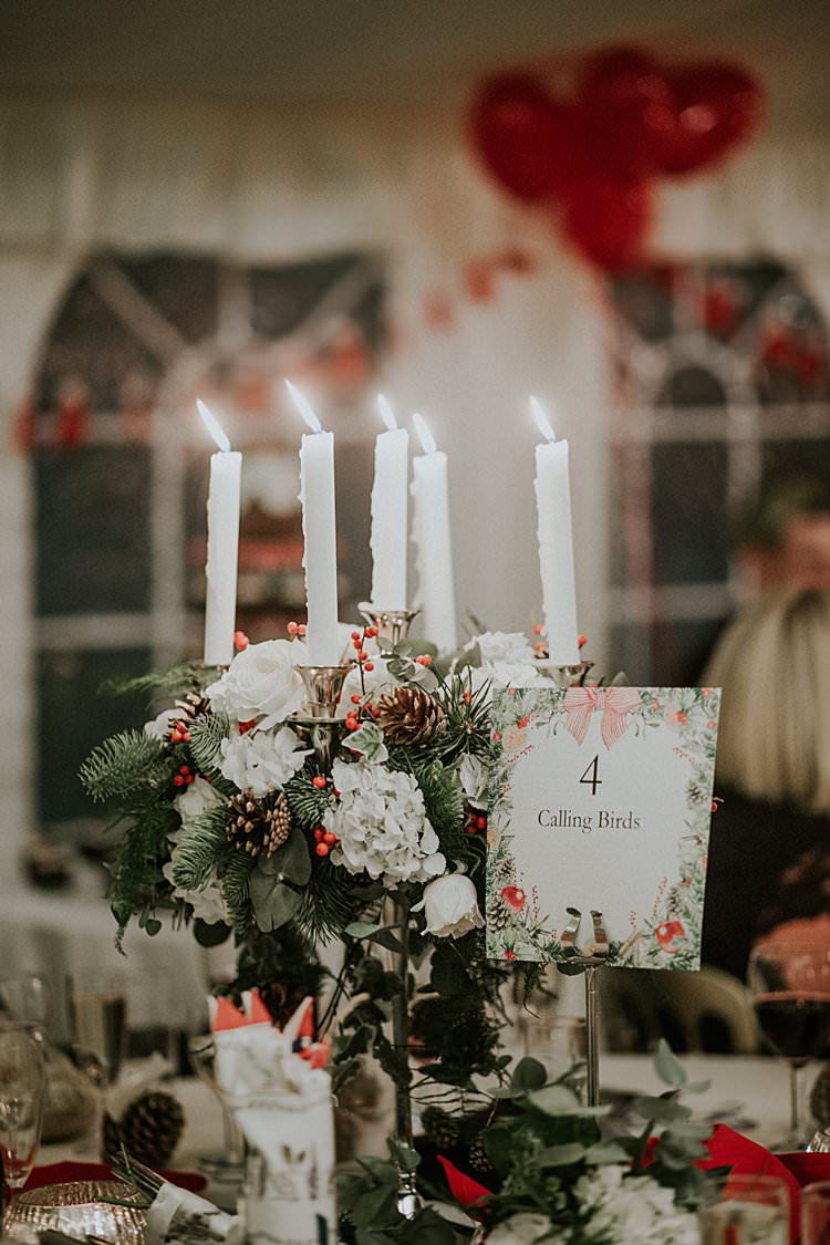 Candelabra Flowers Centrepiece Decor Table Names Traditional Christmas Wedding Red Festive https://lolarosephotography.com/