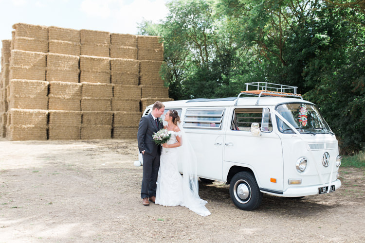 Bride Bridal Bardot Dress Gown Grey Suit Groom VW Campervan Darling Hand Made Tipi Garden Wedding https://www.gemmagiorgio.com/