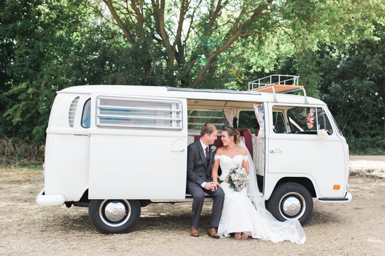 Bride Bridal Bardot Dress Gown Grey Suit Groom VW Campervan Darling Hand Made Tipi Garden Wedding https://www.gemmagiorgio.com/