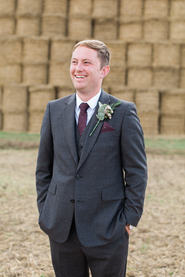 Grey Tweed Three Piece Suit Waistcoat Burgundy Pocket Square Tie Wax Flower Buttonhole Darling Hand Made Tipi Garden Wedding https://www.gemmagiorgio.com/