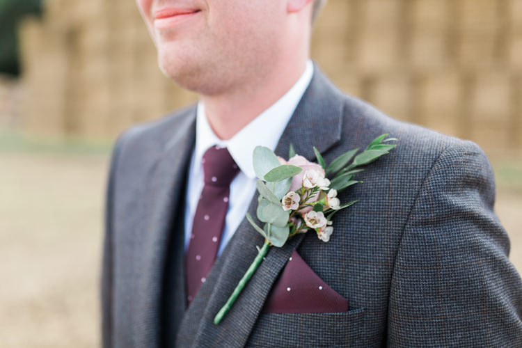 Grey Tweed Three Piece Suit Groom Burgundy Tie Pocket Square Wax Flower Buttonhole Darling Hand Made Tipi Garden Wedding https://www.gemmagiorgio.com/